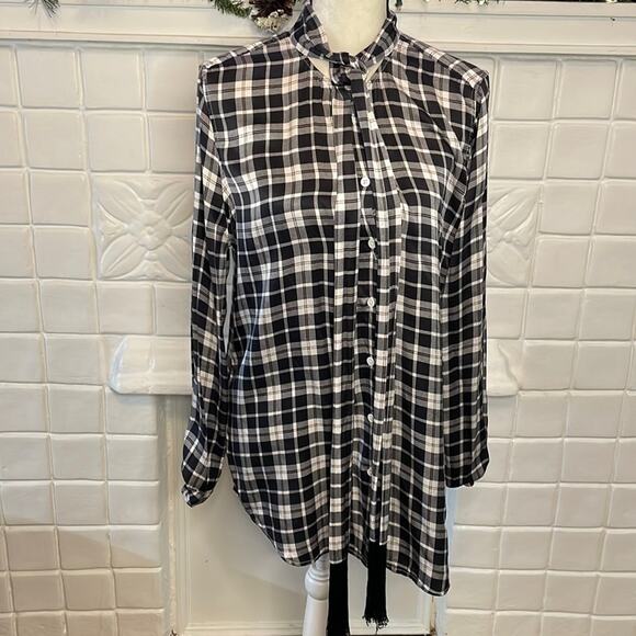 Equipment Femme Essential Tie Neck Silk Shirt in Bright White Palo Santo Plaid L - Picture 3 of 8